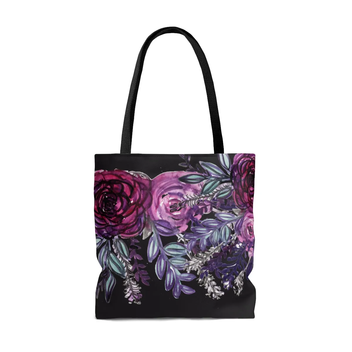 Purple Rose Print Tote Bag, Black Red Flower Floral Print Women's Designer Tote Bag-Made in USA