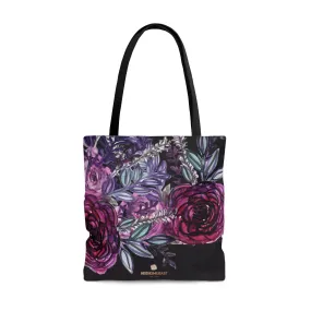 Purple Rose Print Tote Bag, Black Red Flower Floral Print Women's Designer Tote Bag-Made in USA