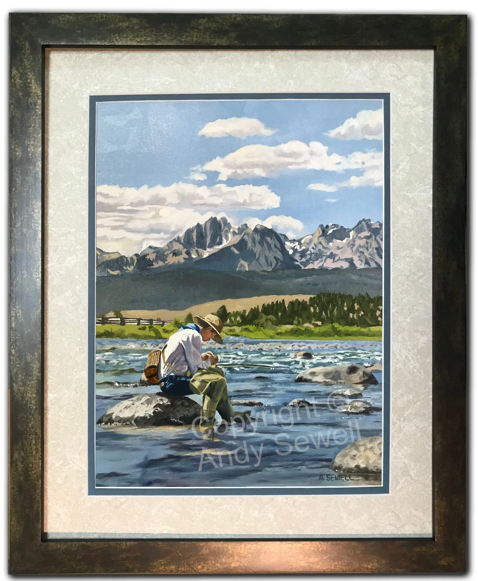 "Sawtooth Solitude" - an Original Oil Painting or Open Edition Print of a Fly-fisherman on Idaho's Upper Salmon River.