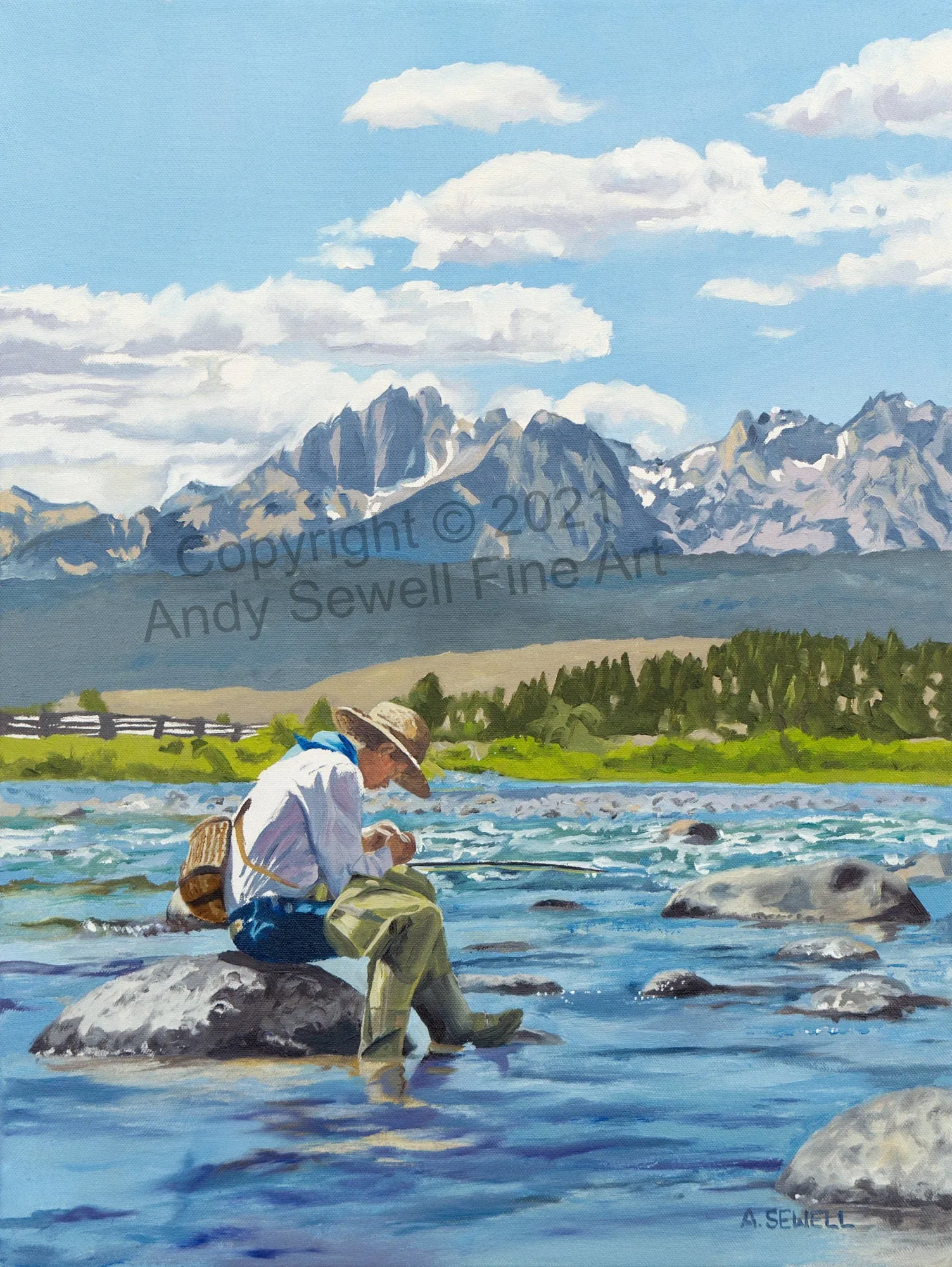 "Sawtooth Solitude" - an Original Oil Painting or Open Edition Print of a Fly-fisherman on Idaho's Upper Salmon River.