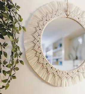 RAKANO Macrame Wall Mirror with Boho Fringes, Round Antique Mirror Frame Art, Bohemian Handmade Decor for Apartment, framed, clear