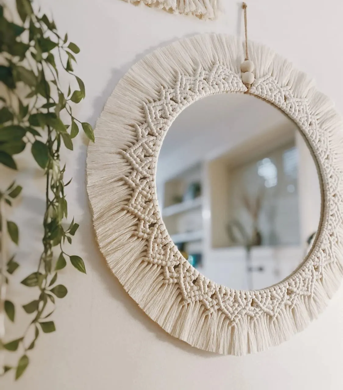 RAKANO Macrame Wall Mirror with Boho Fringes, Round Antique Mirror Frame Art, Bohemian Handmade Decor for Apartment, framed, clear