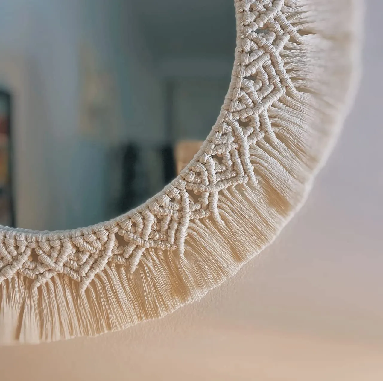 RAKANO Macrame Wall Mirror with Boho Fringes, Round Antique Mirror Frame Art, Bohemian Handmade Decor for Apartment, framed, clear