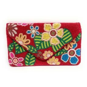 Red Floral Beaded Clutch Purse