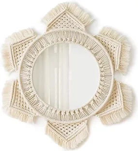 Saaz Hanging Wall Mirror with Macrame Fringe Round Mirror Art Boho Decor for Apartment Living Room Bedroom Baby Nursery Dorm Entryways