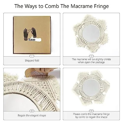 Saaz Hanging Wall Mirror with Macrame Fringe Round Mirror Art Boho Decor for Apartment Living Room Bedroom Baby Nursery Dorm Entryways