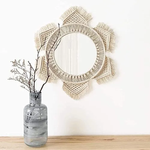 Saaz Hanging Wall Mirror with Macrame Fringe Round Mirror Art Boho Decor for Apartment Living Room Bedroom Baby Nursery Dorm Entryways