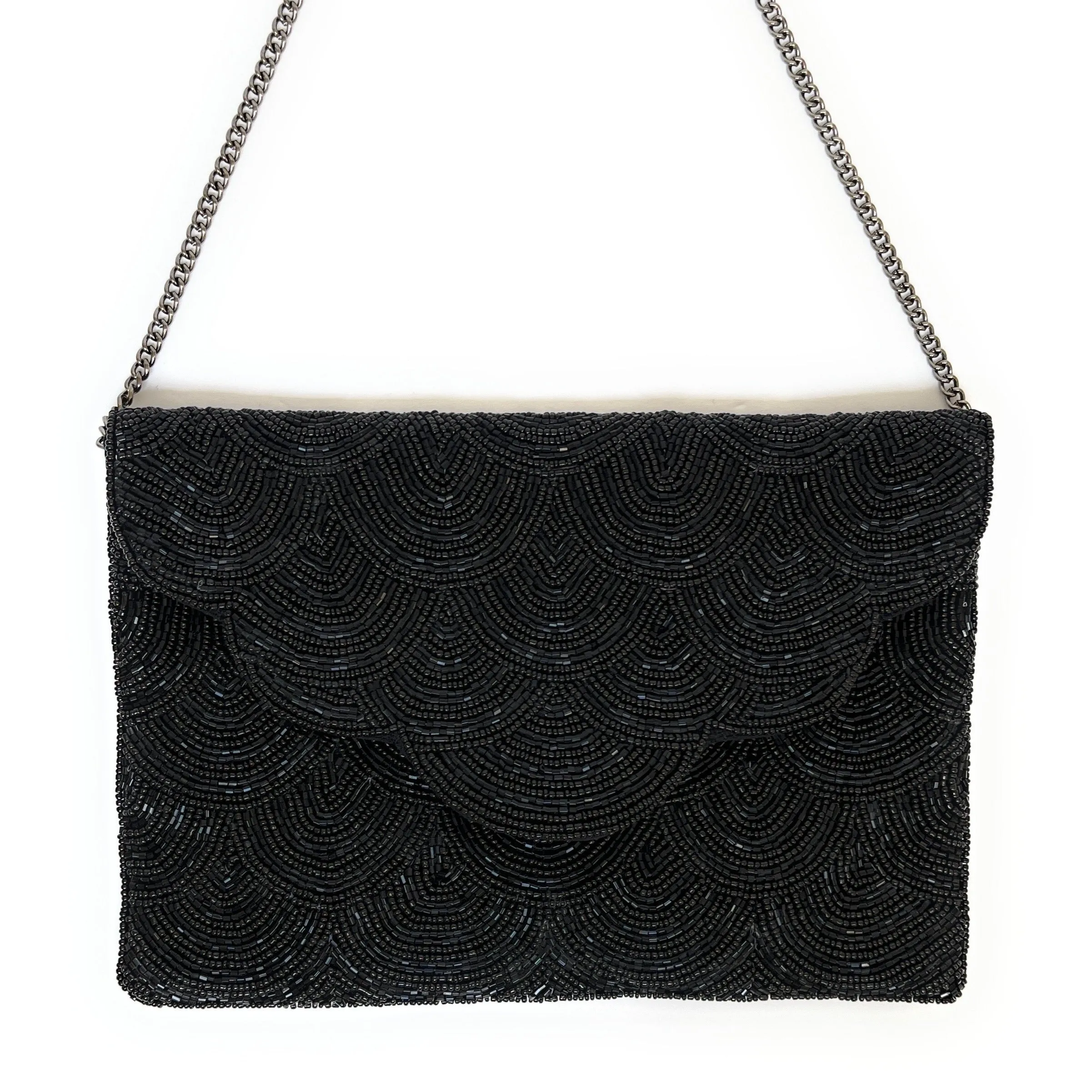 Scalloped Black Beaded Clutch Purse