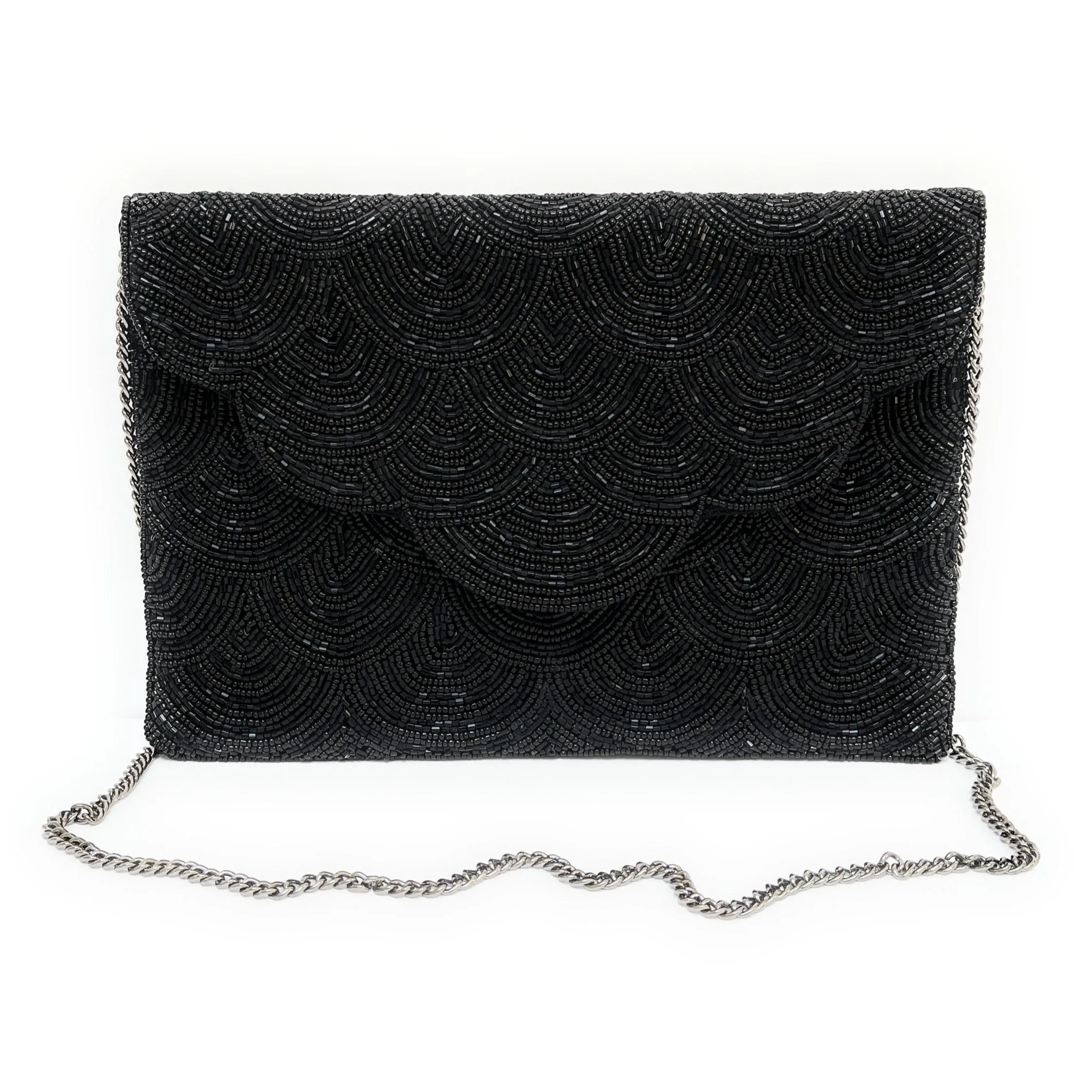 Scalloped Black Beaded Clutch Purse