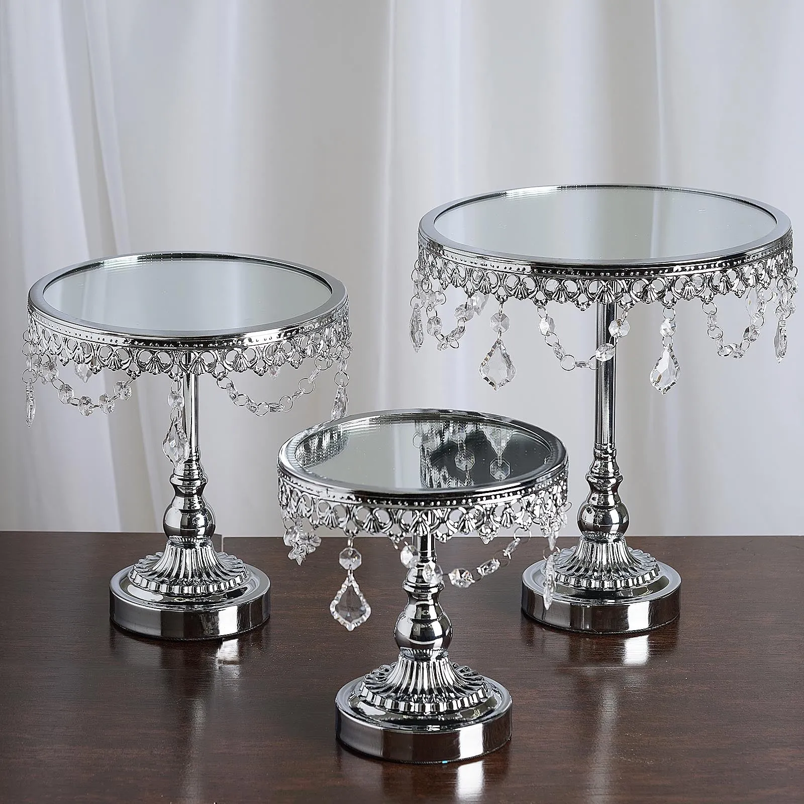 Set of 3 Silver Round Modern Mirror Top Cup Cake Riser Centerpiece Stand with Hanging Acrylic Crystal Chains