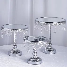 Set of 3 Silver Round Modern Mirror Top Cup Cake Riser Centerpiece Stand with Hanging Acrylic Crystal Chains