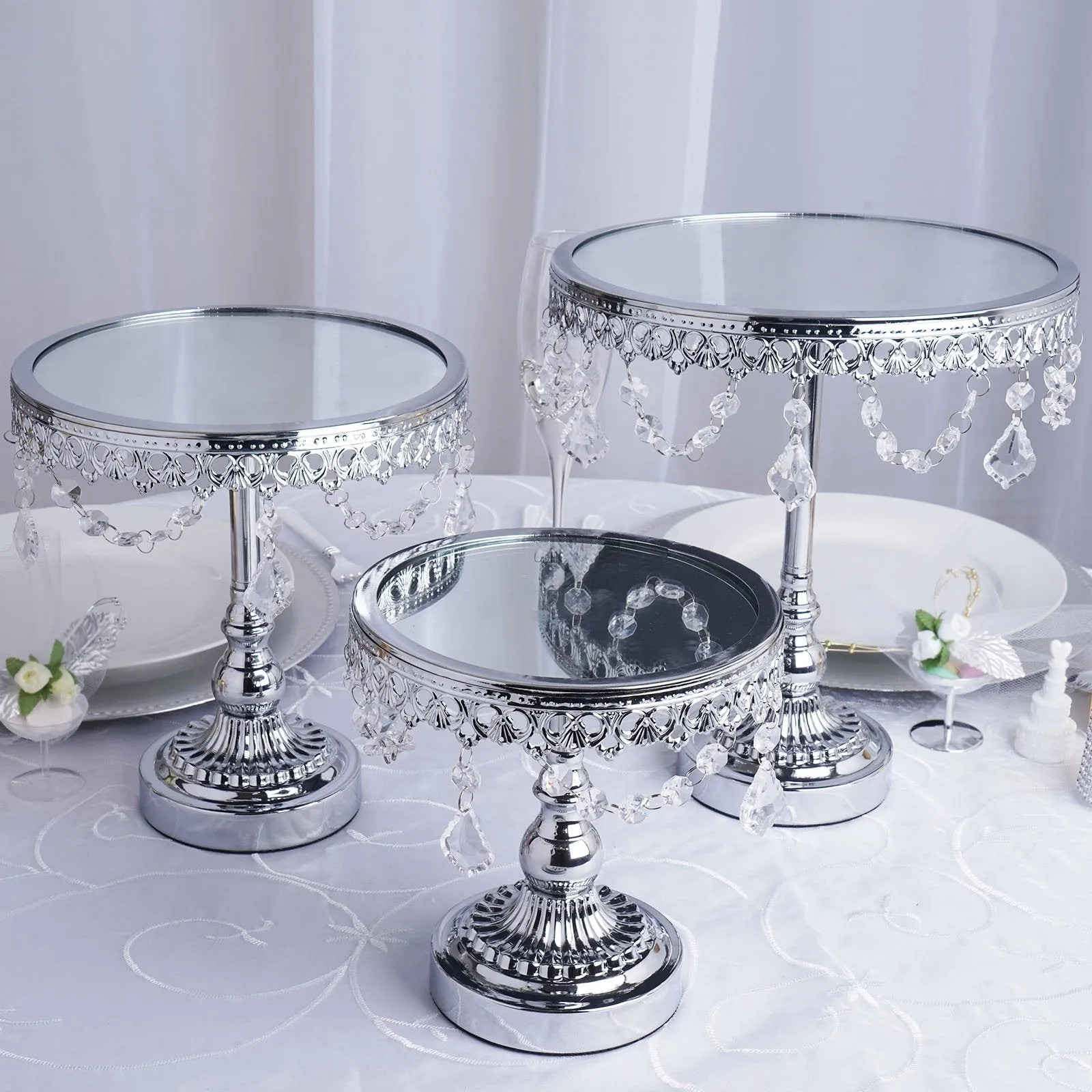 Set of 3 Silver Round Modern Mirror Top Cup Cake Riser Centerpiece Stand with Hanging Acrylic Crystal Chains