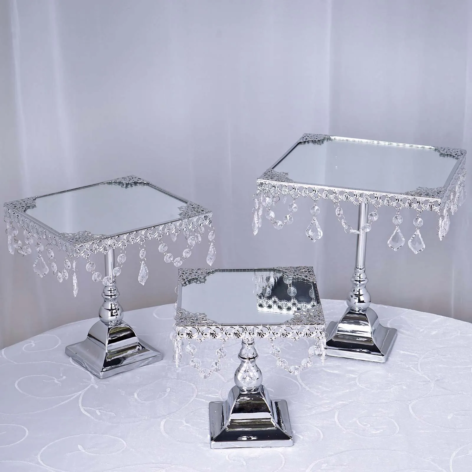 Set of 3 Silver Square Metallic Modern Cup Cake Riser Centerpiece Stand with Crystal Pendant Chains