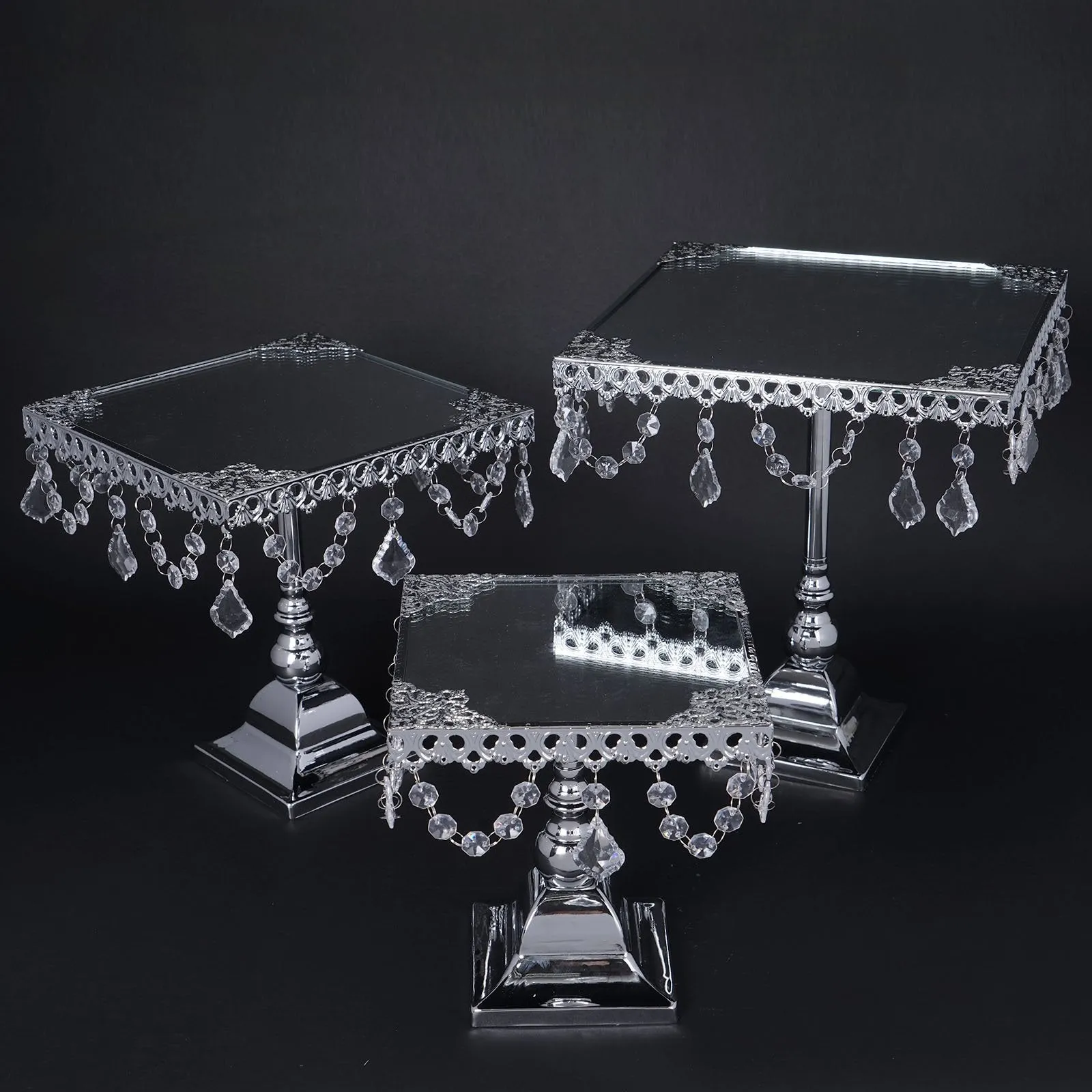 Set of 3 Silver Square Metallic Modern Cup Cake Riser Centerpiece Stand with Crystal Pendant Chains