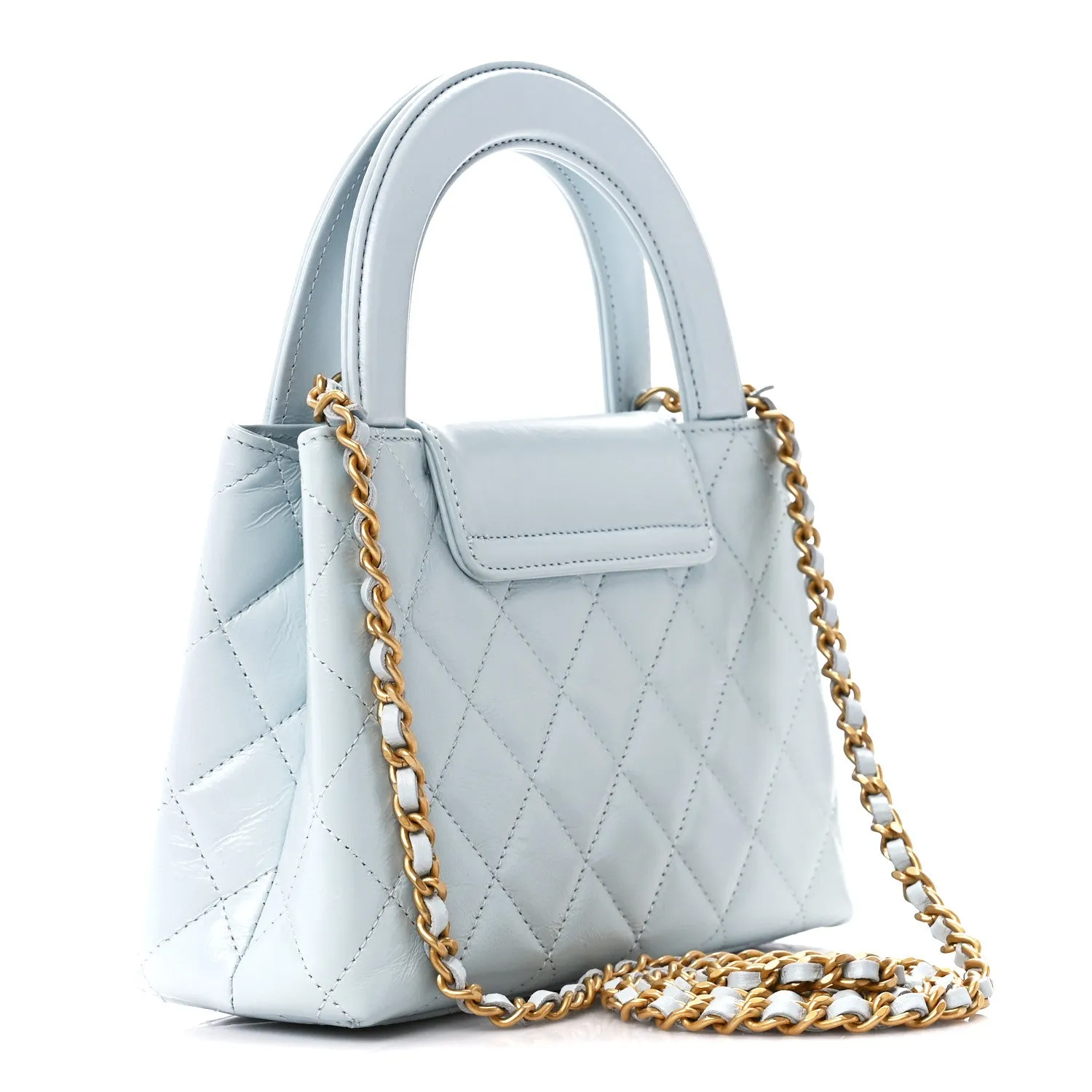 Shiny Aged Calfskin Quilted Nano Kelly Shopper Light Blue