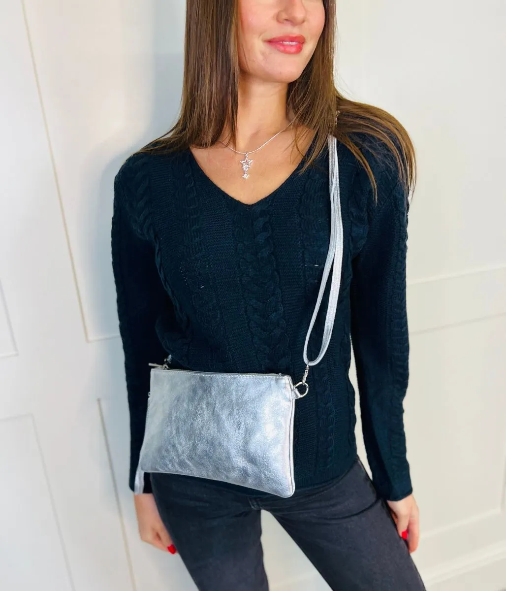 Silver Metallic Leather Clutch Bag