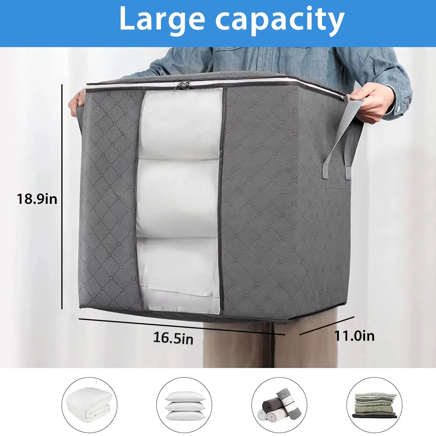 Storage bag with Zipper and Space Saver Comforter bag, Pillow, Quilt, Bedding, Clothes, Blanket Storage Organizer Bag with Large Clear Window and Carry Handles for Closet.