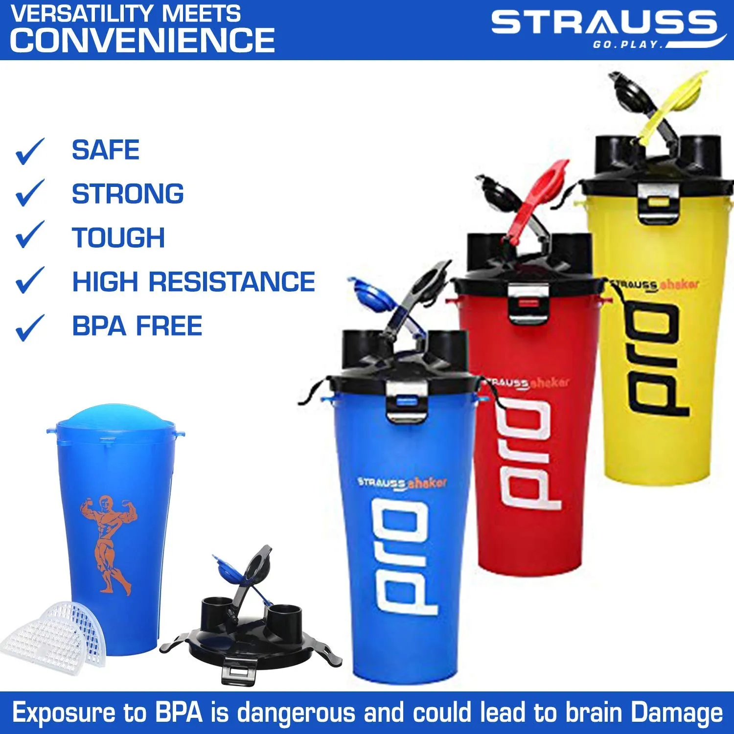 STRAUSS Dual Shaker Pro | Pre & Post Protein Shake On the Go | Leakproof and BPA-Free Material | Dual Shaker Bottle | Protein Shaker Bottle for Gym | Suitable for Both Men and Women, 700ml,(Blue)