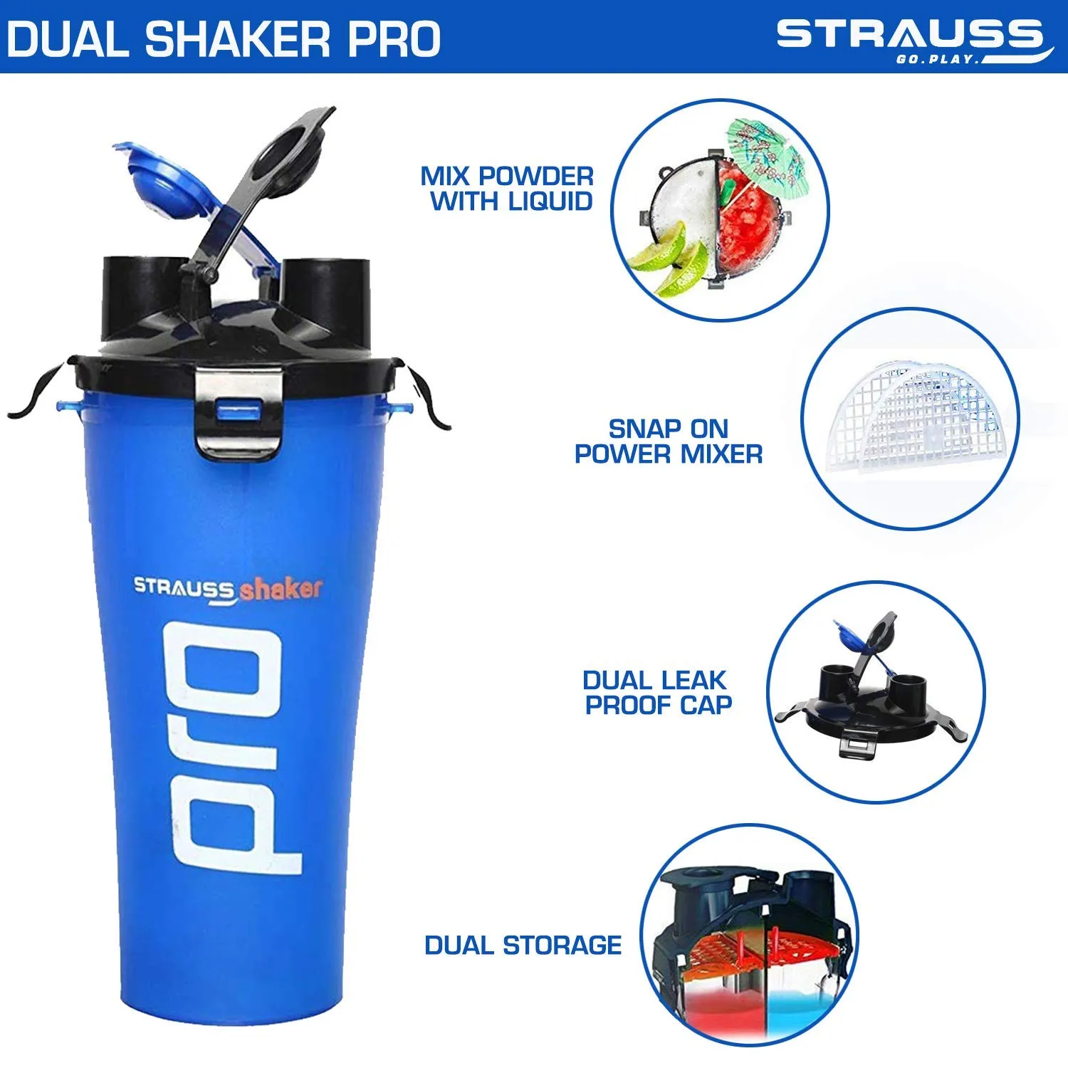 STRAUSS Dual Shaker Pro | Pre & Post Protein Shake On the Go | Leakproof and BPA-Free Material | Dual Shaker Bottle | Protein Shaker Bottle for Gym | Suitable for Both Men and Women, 700ml,(Blue)