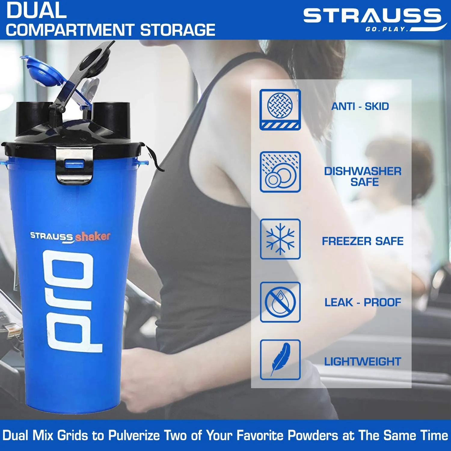 STRAUSS Dual Shaker Pro | Pre & Post Protein Shake On the Go | Leakproof and BPA-Free Material | Dual Shaker Bottle | Protein Shaker Bottle for Gym | Suitable for Both Men and Women, 700ml,(Blue)