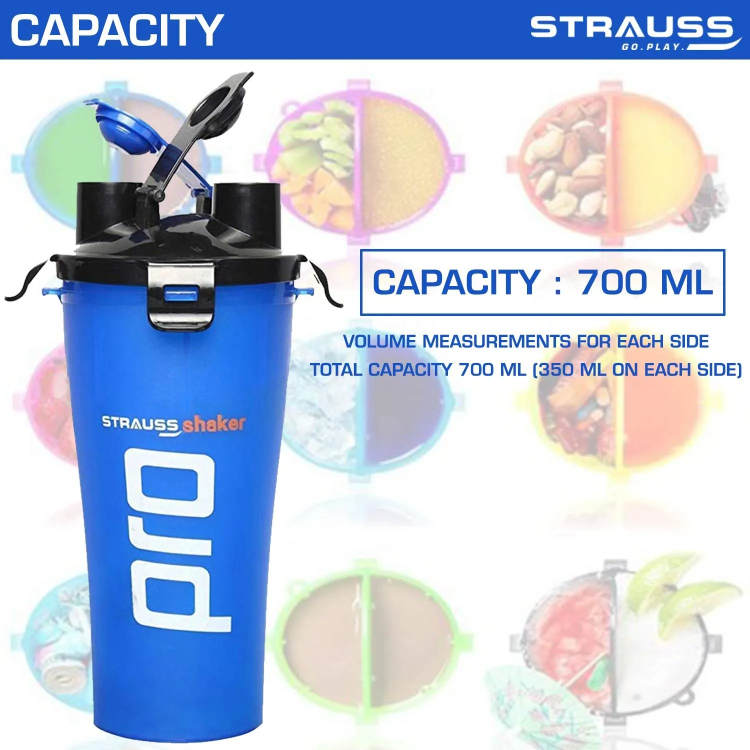 STRAUSS Dual Shaker Pro | Pre & Post Protein Shake On the Go | Leakproof and BPA-Free Material | Dual Shaker Bottle | Protein Shaker Bottle for Gym | Suitable for Both Men and Women, 700ml,(Blue)