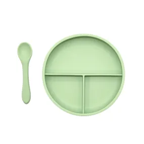 Suction Divider Plate & Spoon Set | Mint