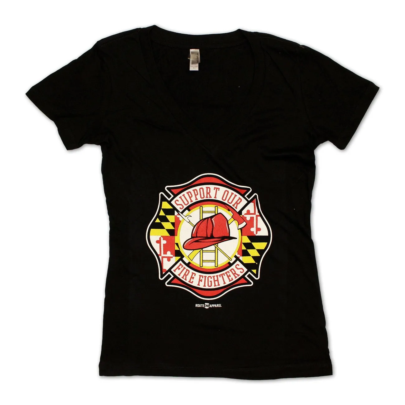 Support Our Maryland Firefighters (Black) / Ladies Sporty V-Neck Shirt