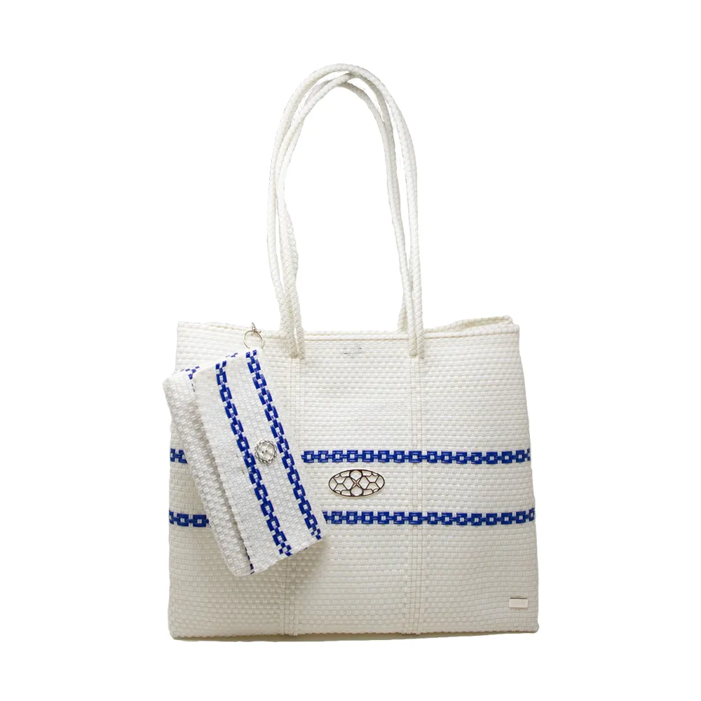 TRAVEL WHITE BLUE LINE TOTE BAG WITH CLUTCH