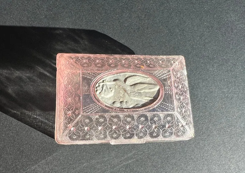 Vintage Ornate Pink Plastic Box with Stork Carrying a Baby on the Lid !