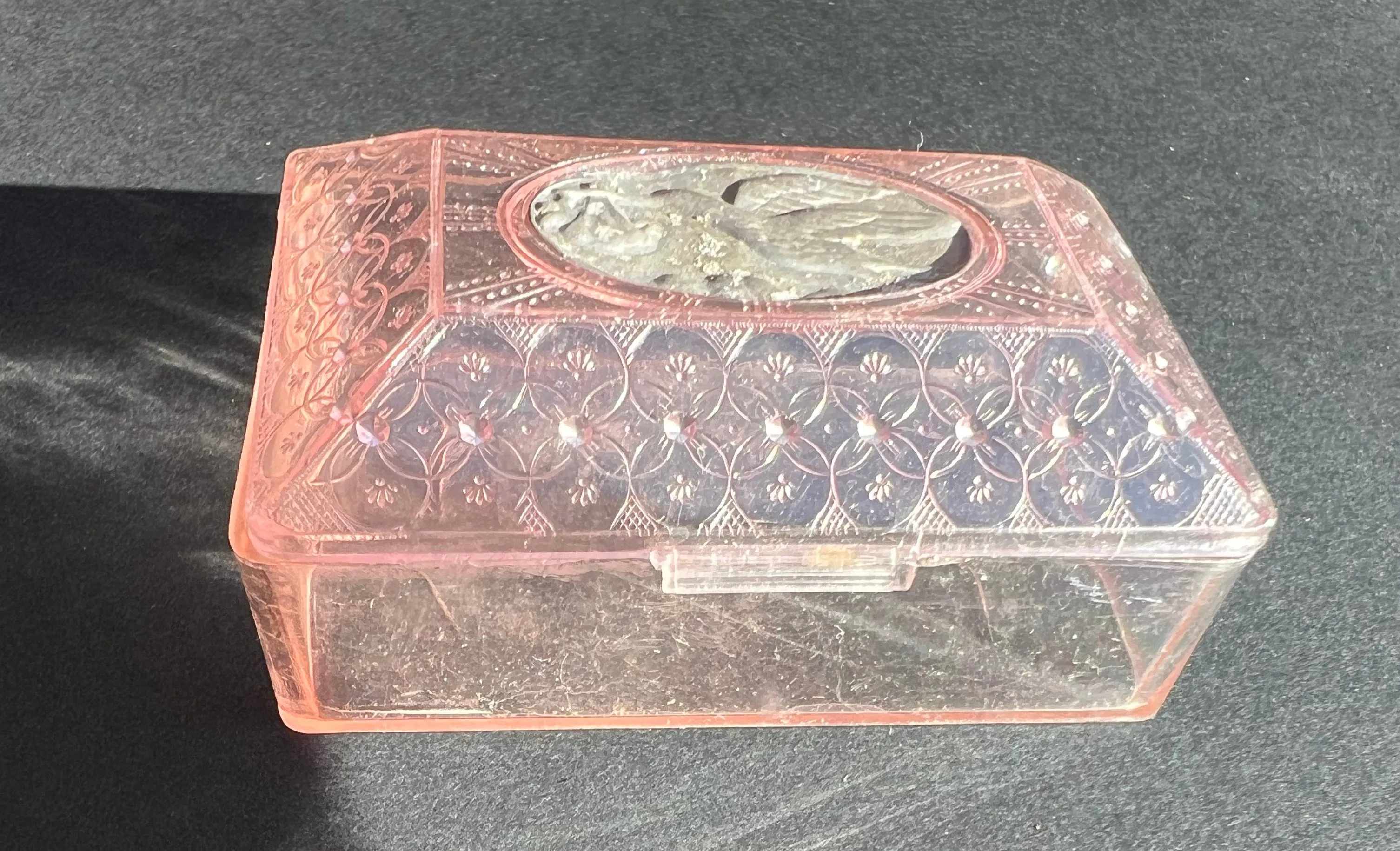 Vintage Ornate Pink Plastic Box with Stork Carrying a Baby on the Lid !