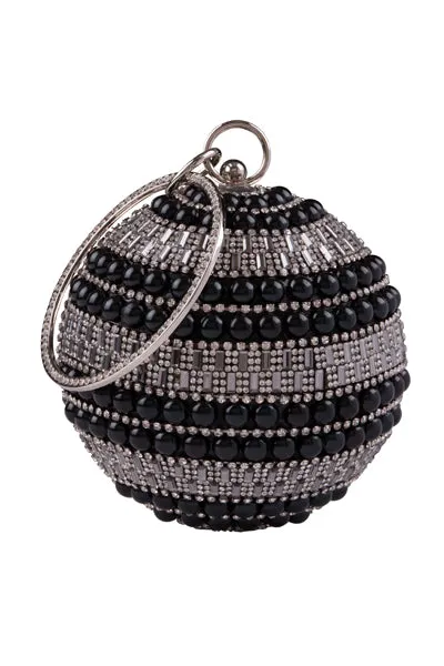 Viva Black Crystal Diamante Pearl Wristlet Sphere Clutch Bag