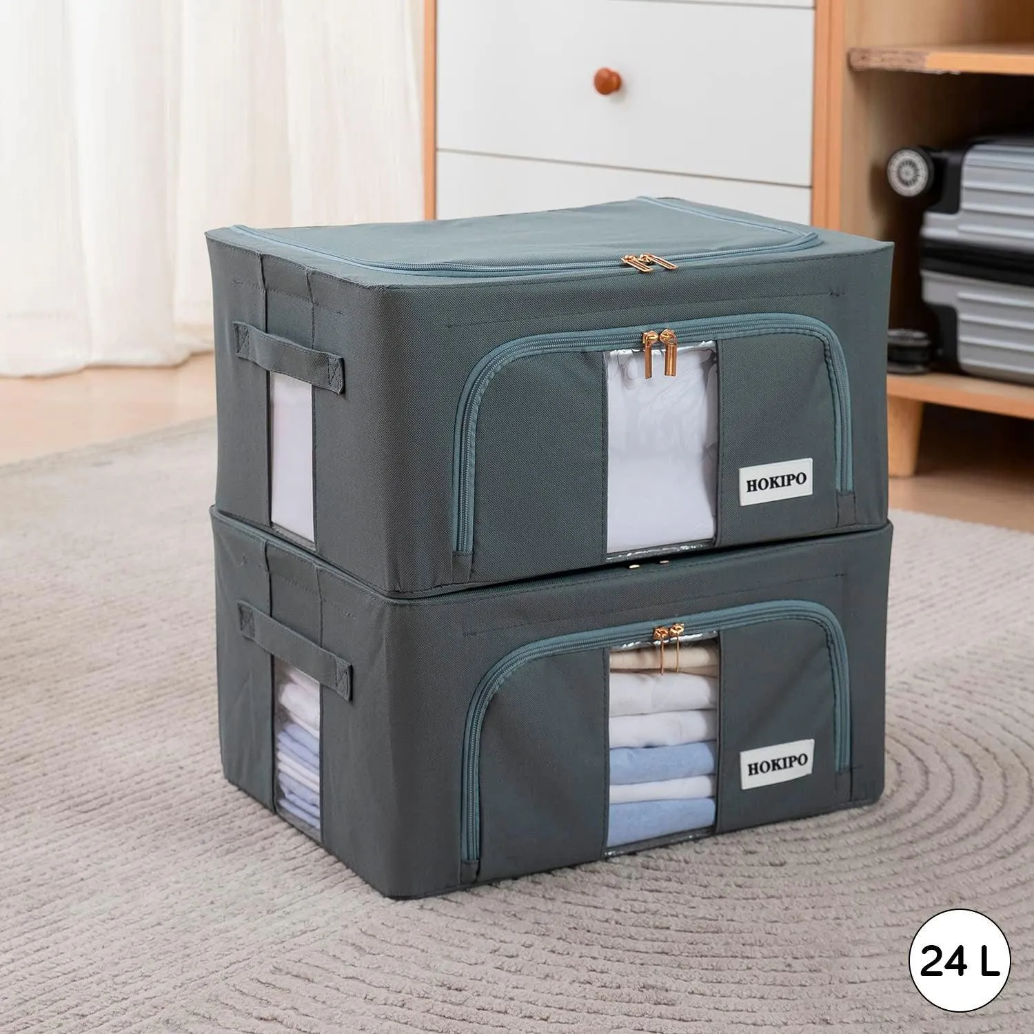 Wardrobe Organizer Underbed Storage Zippered Cloth Box, 24ltr 40x30x20cm, Grey