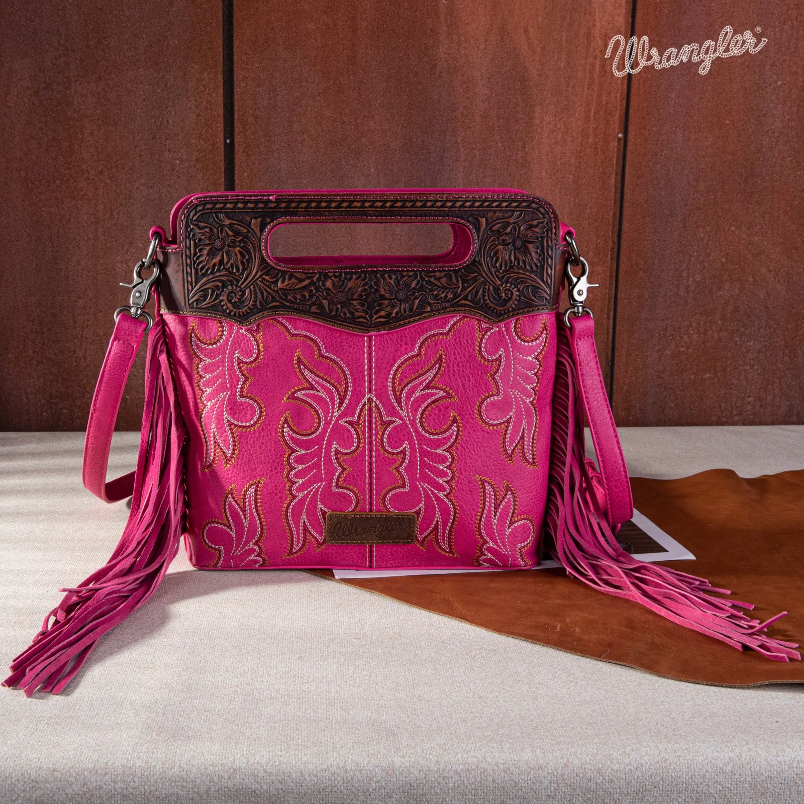 WG110-G2010  Wrangler Top Handle Embroidered Fringe Tote/Crossbody - Hot Pink