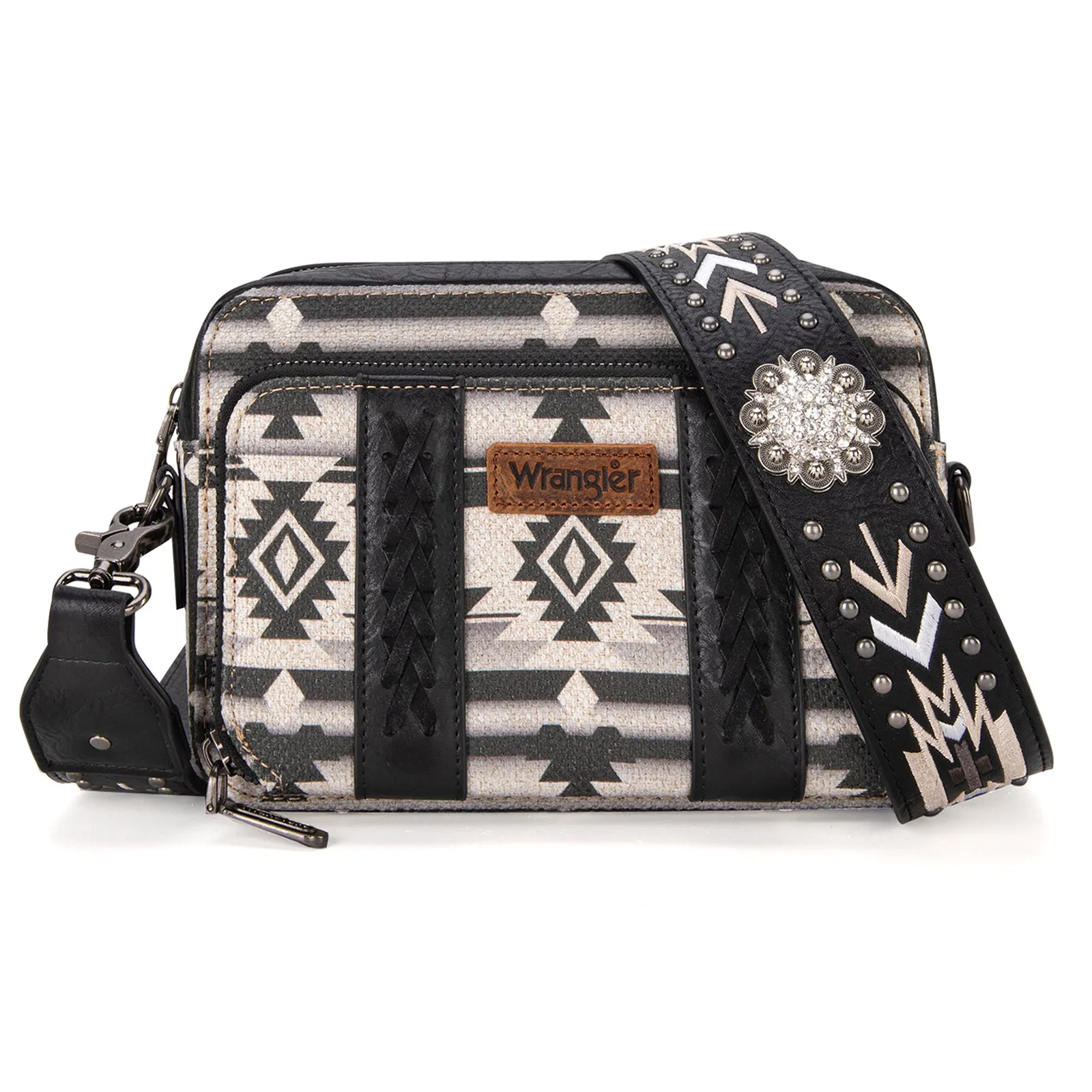 WG2207-3003  Wrangler Aztec Printed Crossbody Purse With Wallet Compartment - Black